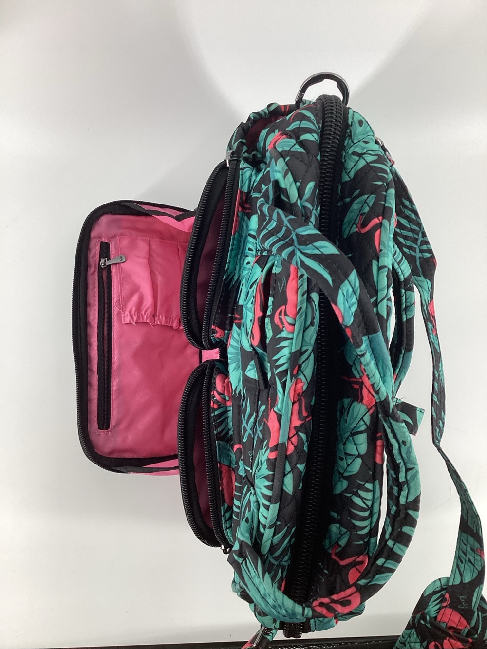 lug Mni Puddle Jumper in Flamingo Print Crossbody Bag or Tote Black/Teal/Pink - Picture 10 of 11